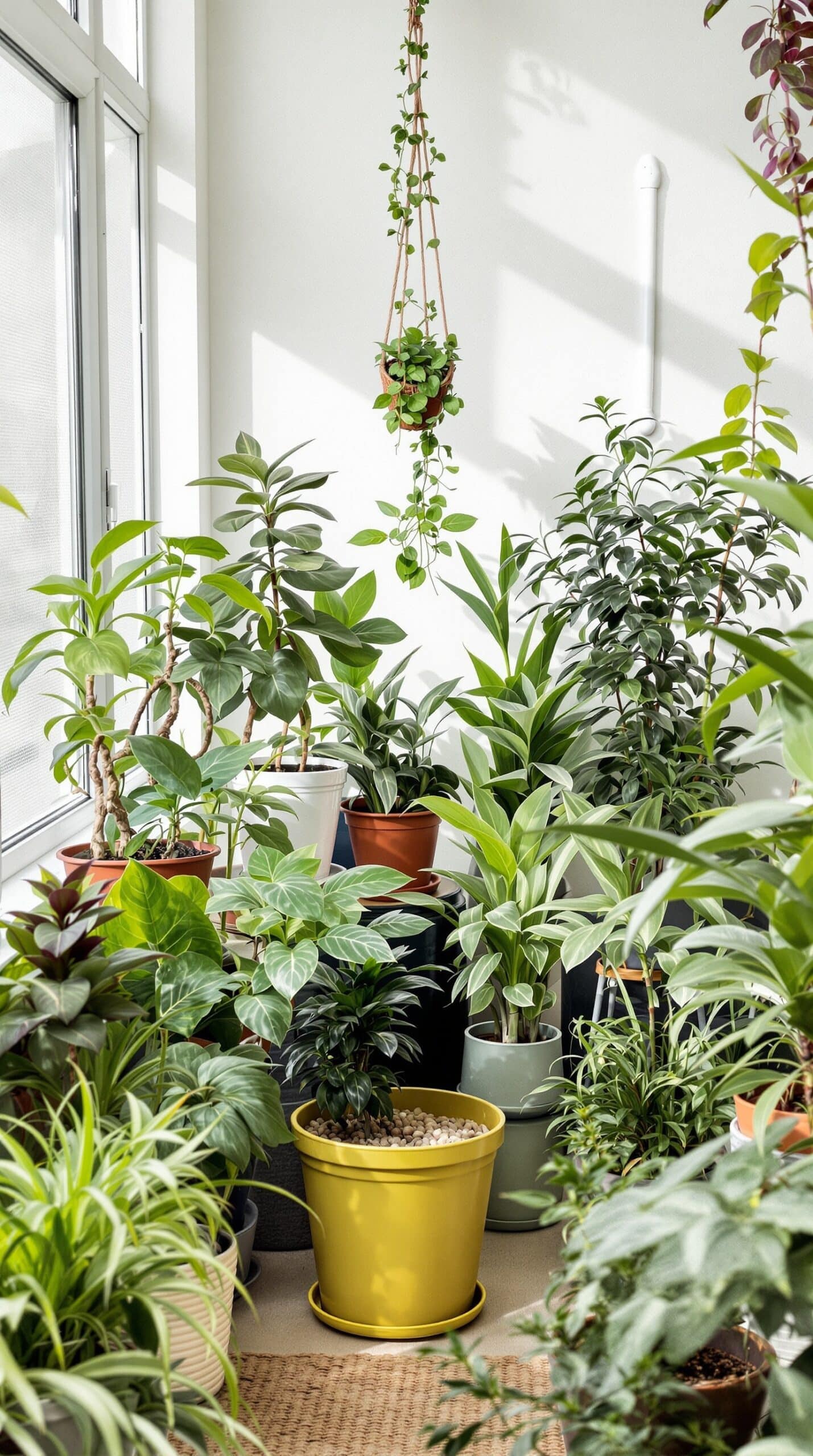 A bright and vibrant collection of indoor plants in various pots, including a yellow pot, arranged in a well-lit space
