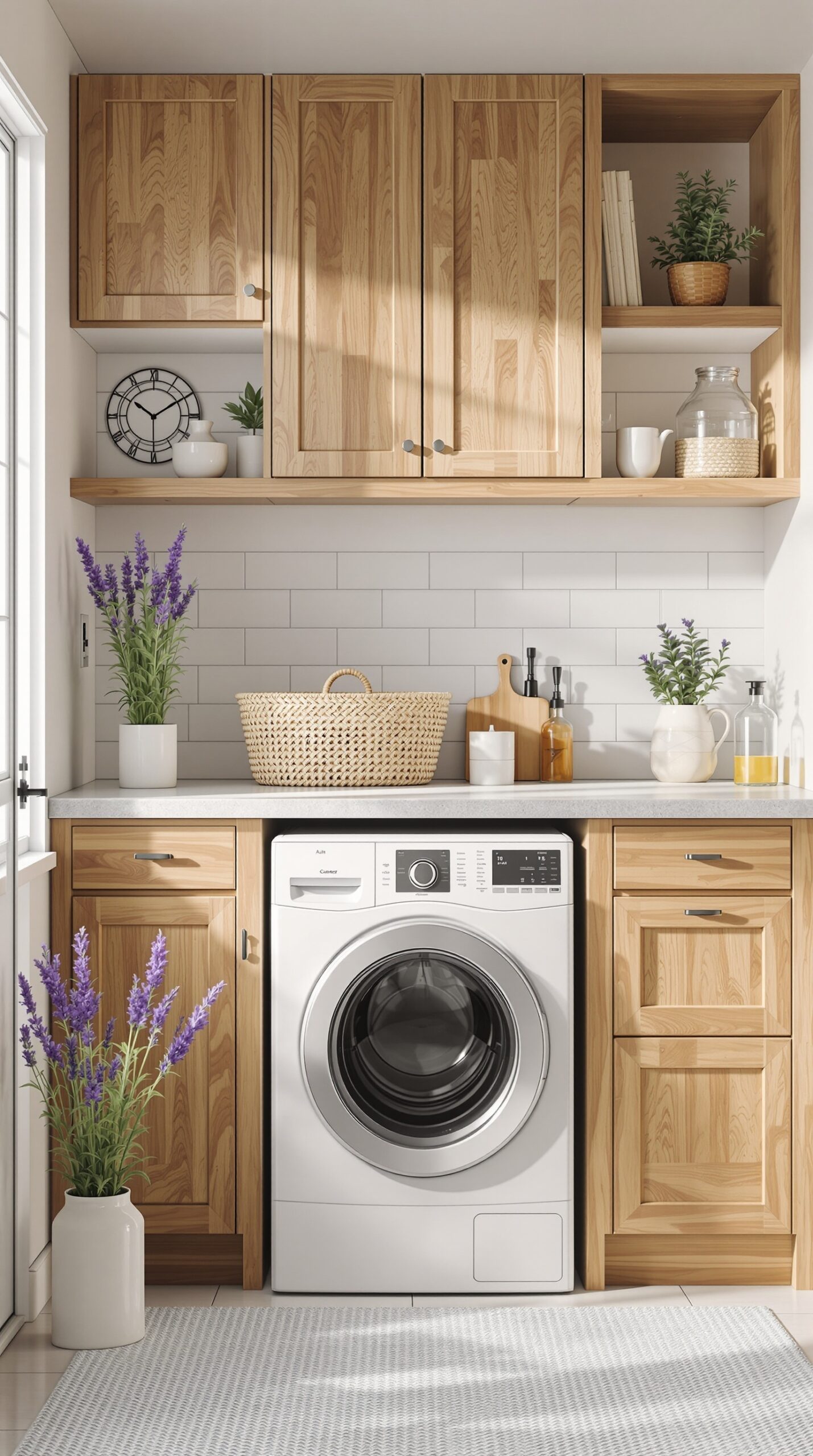 A laundry room featuring wooden cabinets, a washing machine, and lavender flowers in a vase.