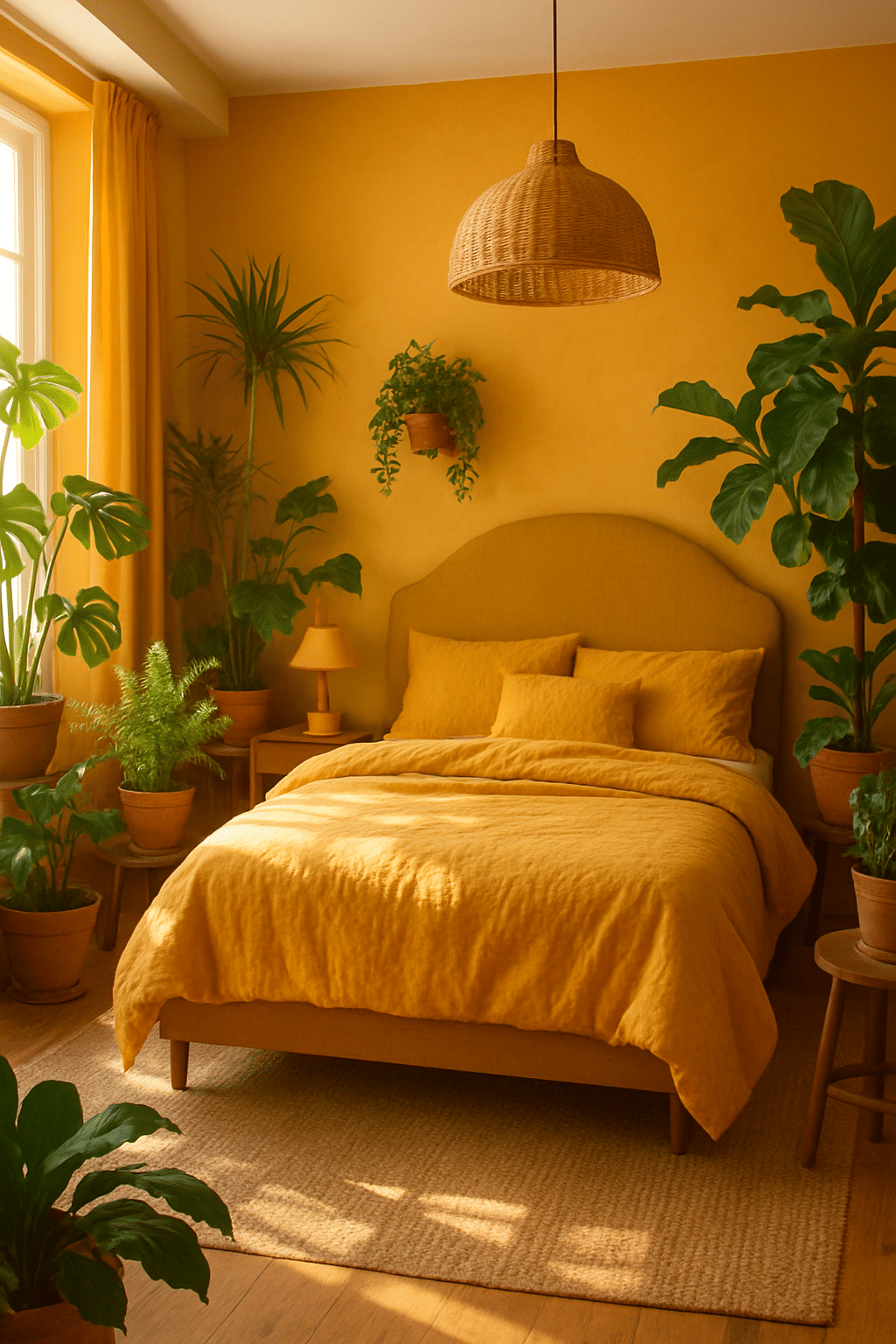 A cozy bedroom featuring ochre yellow walls, yellow bedding, and various green plants in pots.