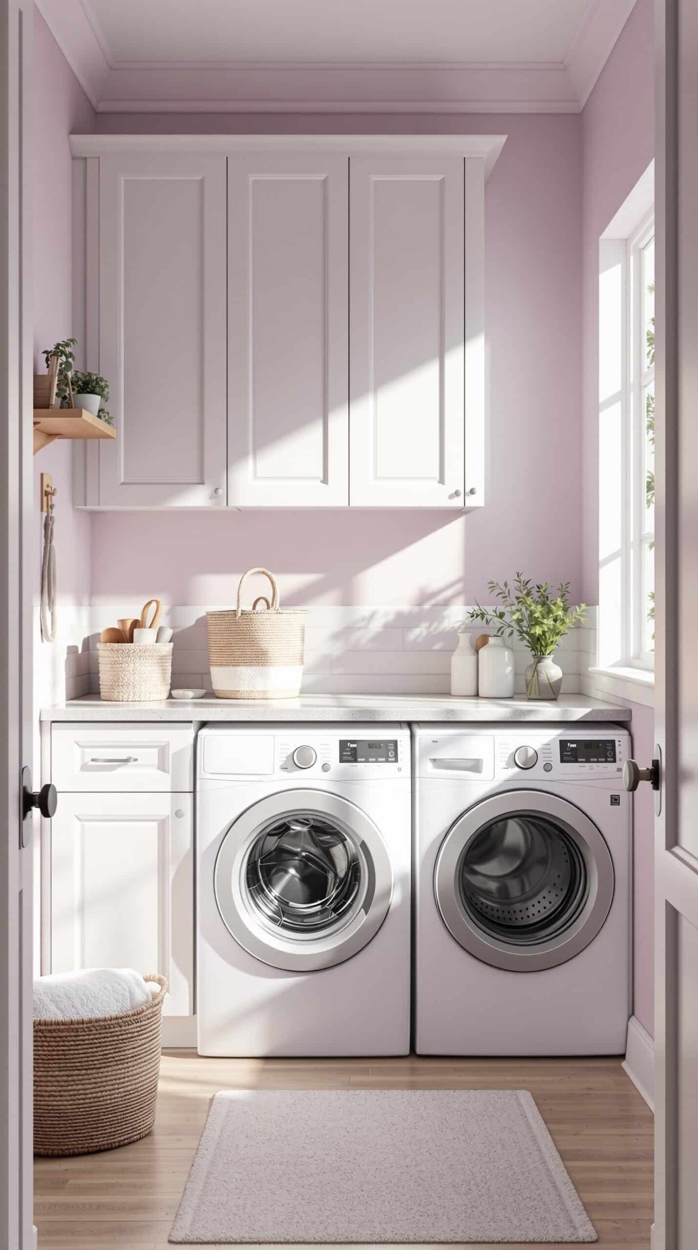 A bright and inviting laundry room featuring soft lavender walls, white cabinetry, and natural light.