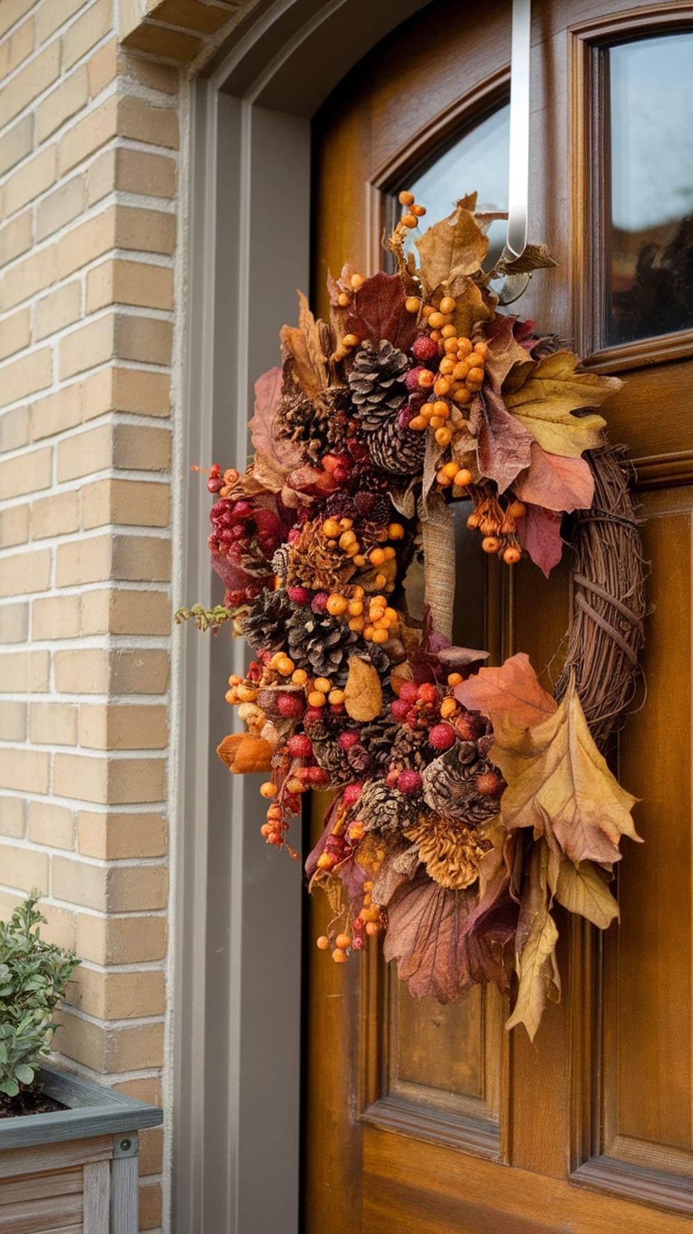 A cozy fall wreath made of leaves, pinecones, and berries hanging on a wooden door.