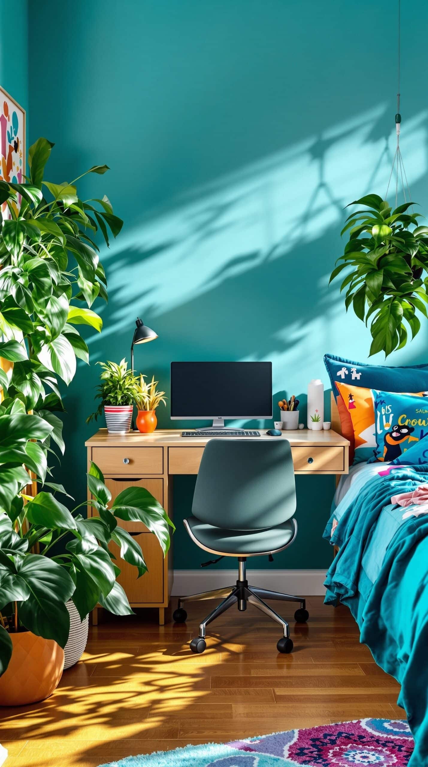 A vibrant dorm room featuring peacock blue walls, a wooden desk with a computer, and various green plants in colorful pots.