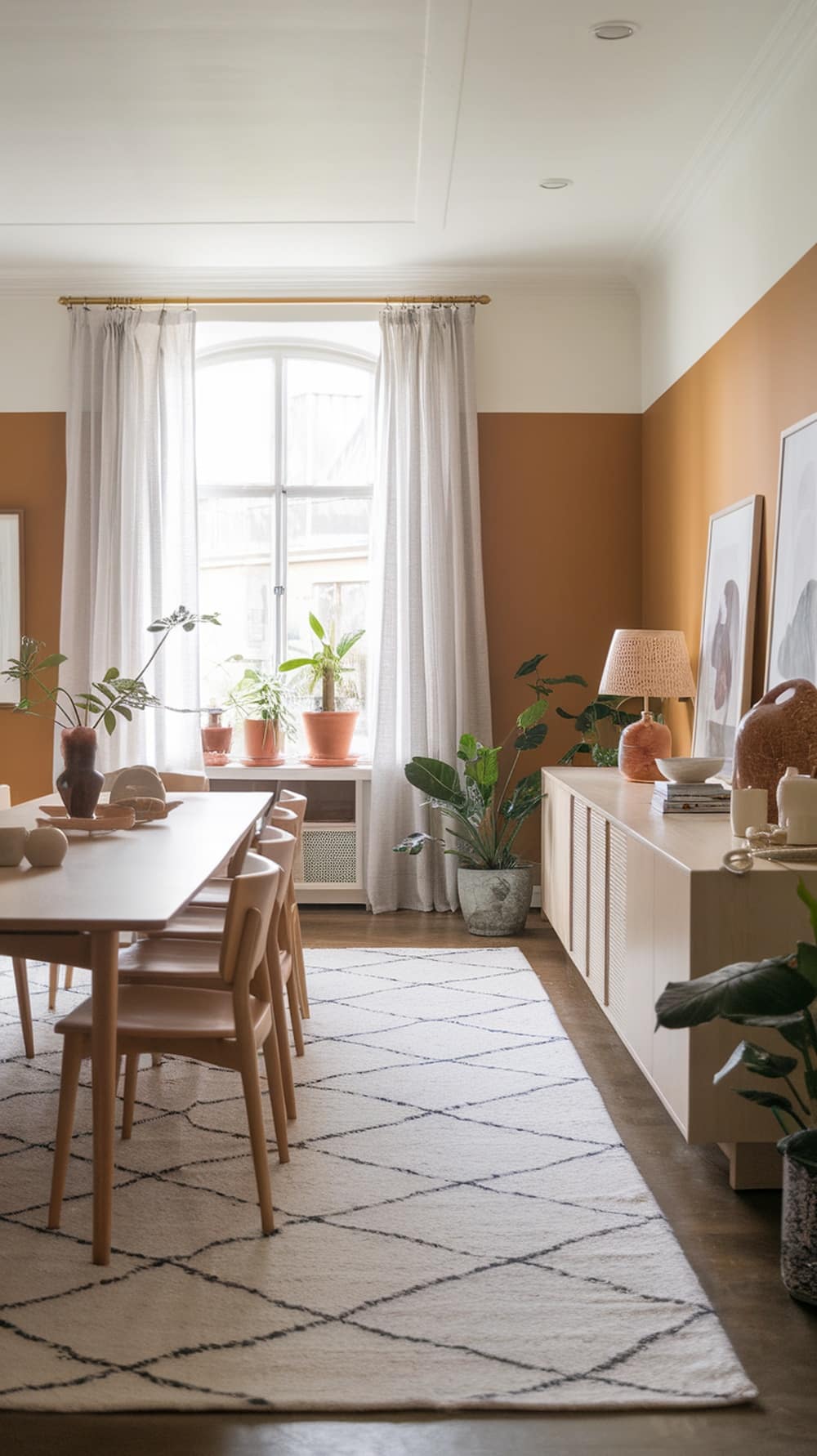 A bright dining room featuring caramel walls, a wooden table, and plants, creating a cozy atmosphere.