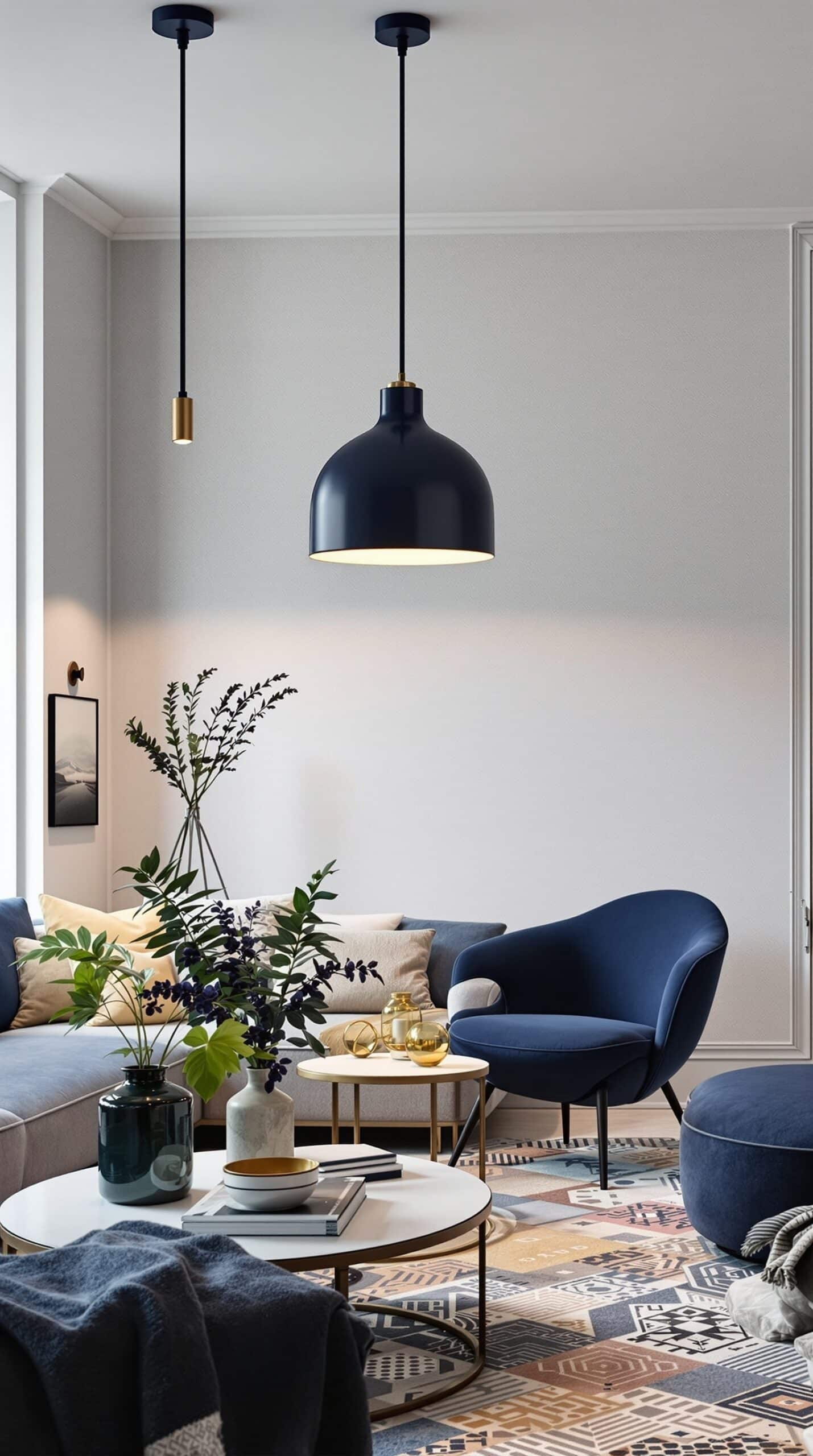 A modern living room featuring navy blue lighting fixtures, a navy blue chair, and a stylish coffee table with decorative items.