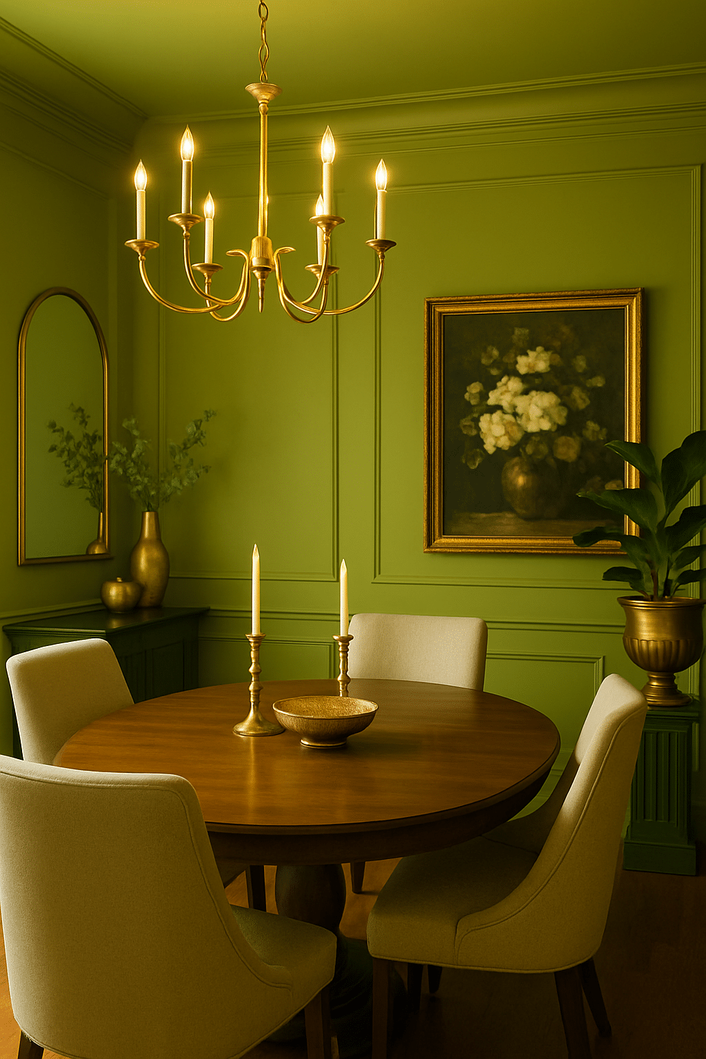 A bright olive green dining room featuring a round wooden table, beige chairs, gold accents, and a floral painting.