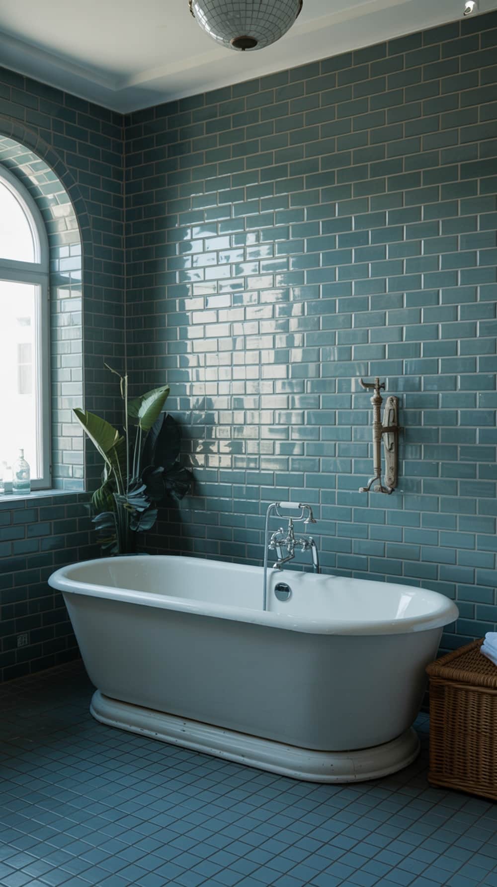 A serene bathroom featuring slate blue tiled walls, a vintage bathtub, and a touch of greenery.