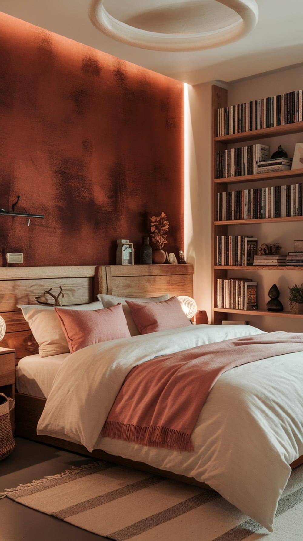 A cozy bedroom featuring a rustic burnt sienna accent wall, wooden furniture, and soft bedding.