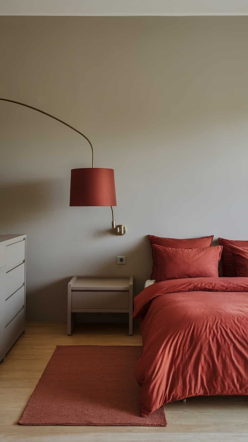 A minimalist bedroom featuring burnt sienna bedding and accents, with a modern lamp and nightstand.