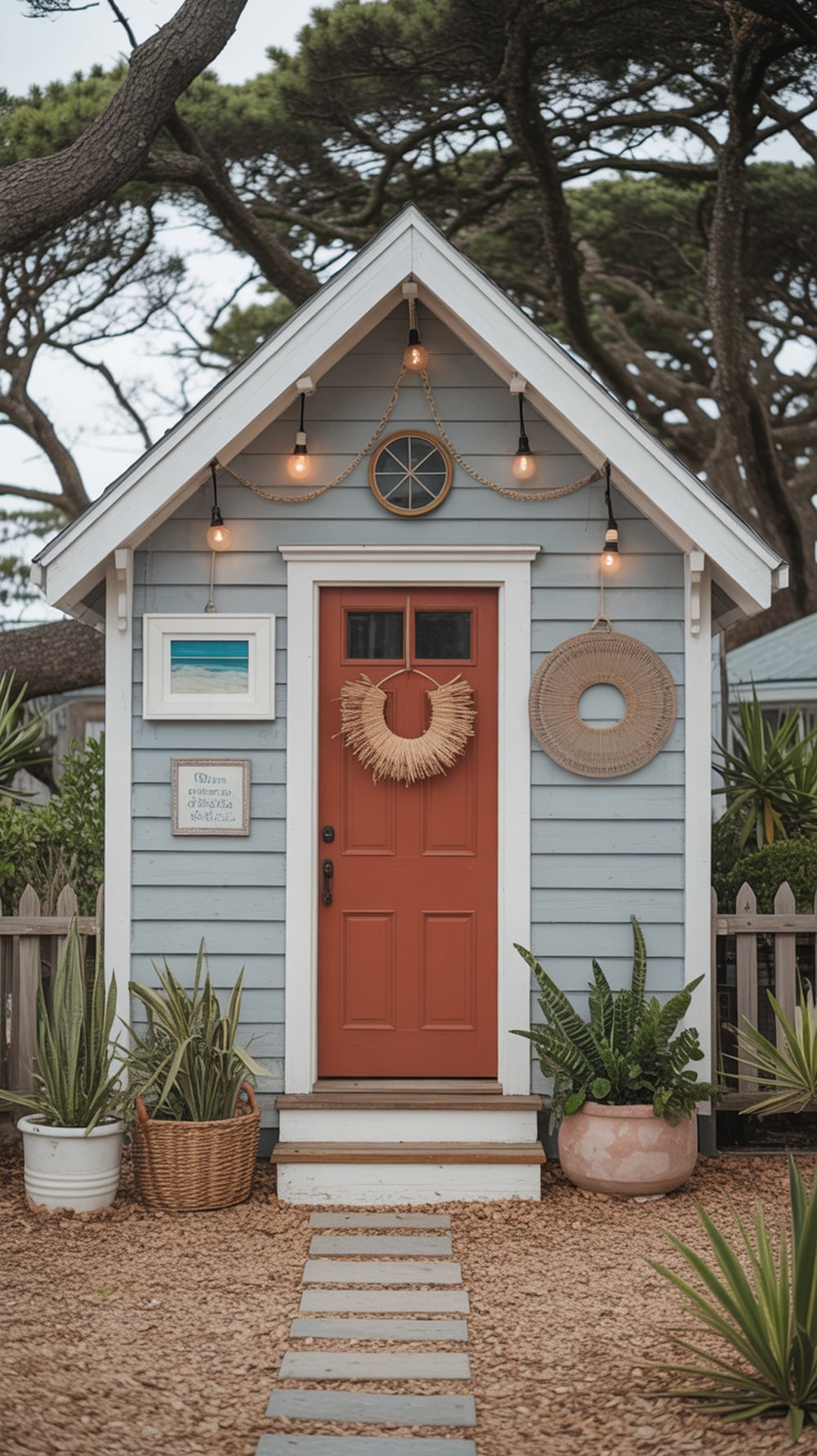 A coastal cottage with a rust orange front door, surrounded by greenery and decorative elements.