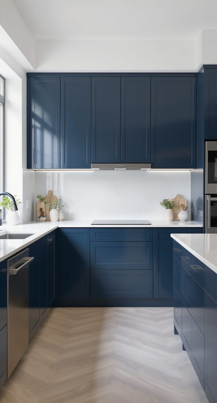 A modern kitchen featuring indigo cabinets with white countertops and a minimalist design.