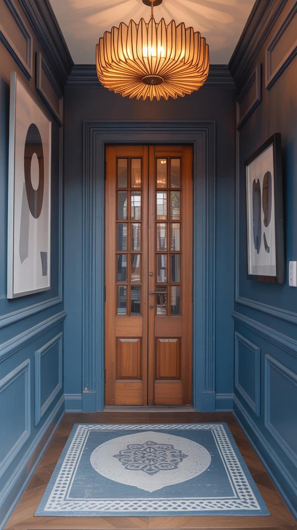 A stylish entryway featuring slate blue walls, wooden double doors, a decorative light fixture, and a patterned rug.