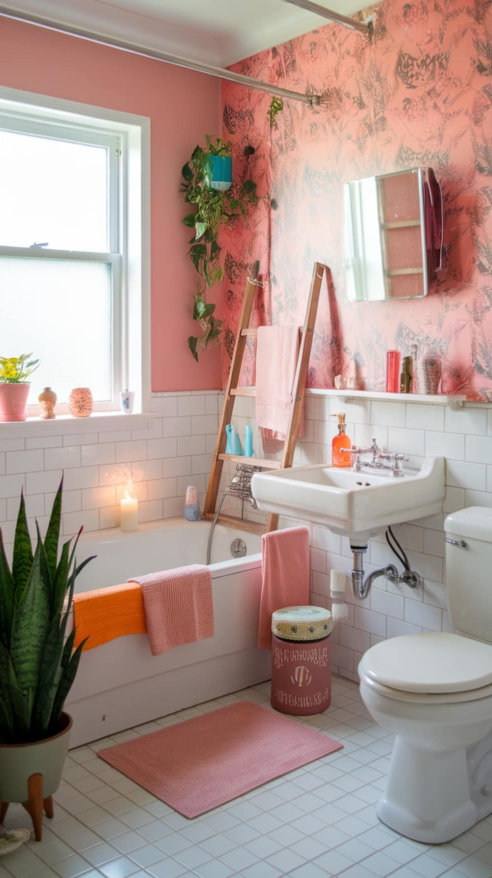 A blush pink bathroom featuring floral wallpaper, plants, and cozy decor.