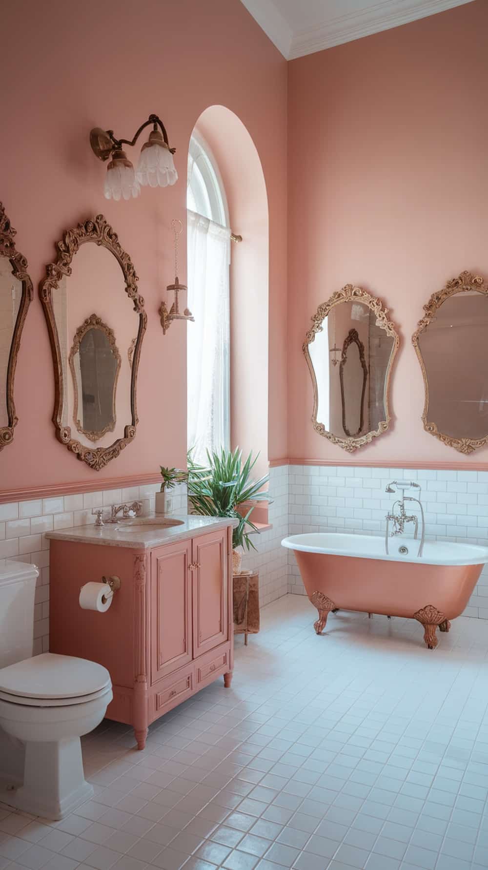 A vintage glam bathroom featuring blush pink walls, ornate mirrors, a freestanding bathtub, and a potted plant.