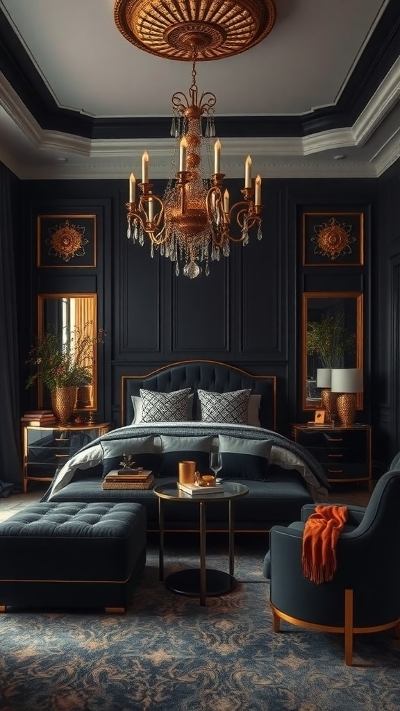 A luxurious black bedroom with gold accents, featuring a chandelier, stylish bed, and elegant decor.