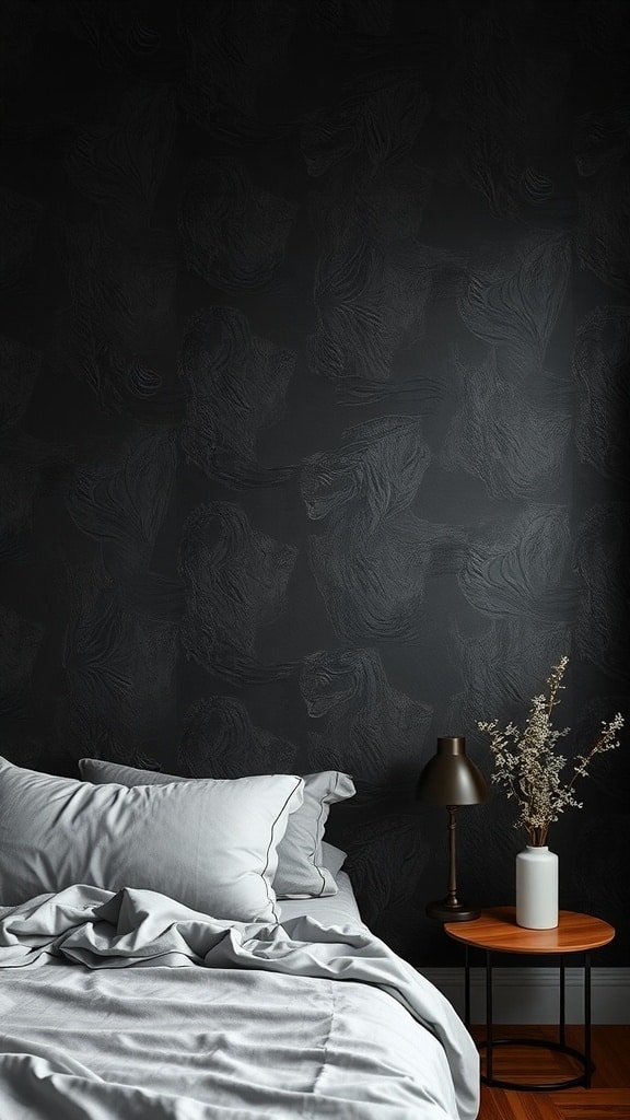 A cozy black bedroom featuring textured black wallpaper, gray bedding, a bedside lamp, and a wooden table with dried flowers.