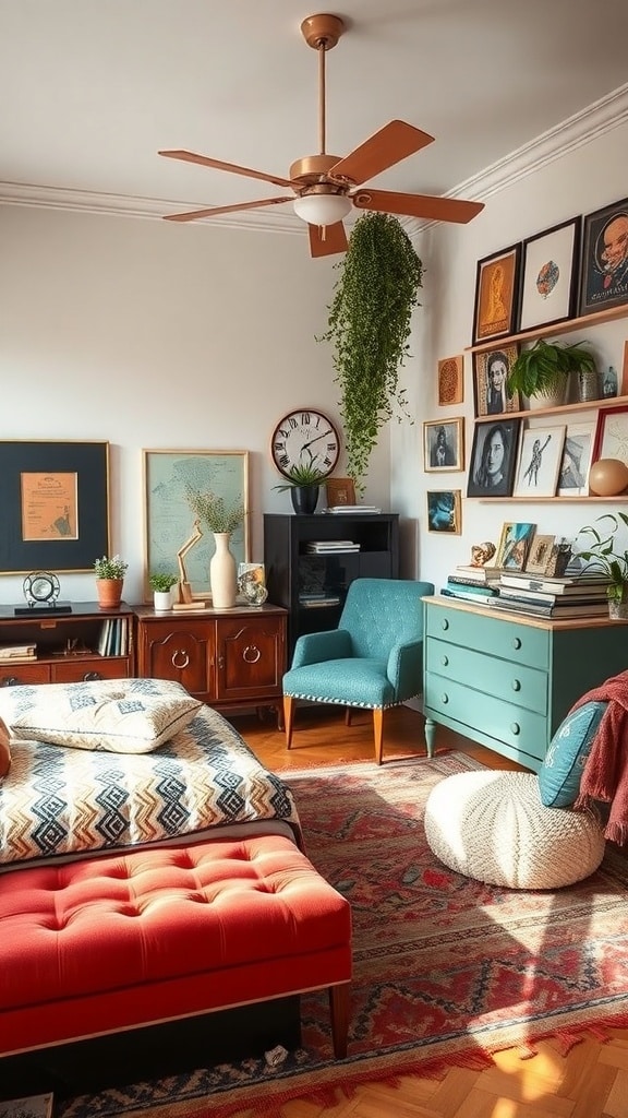 A cozy eclectic bedroom featuring a red ottoman, teal chair, and various wall art pieces.