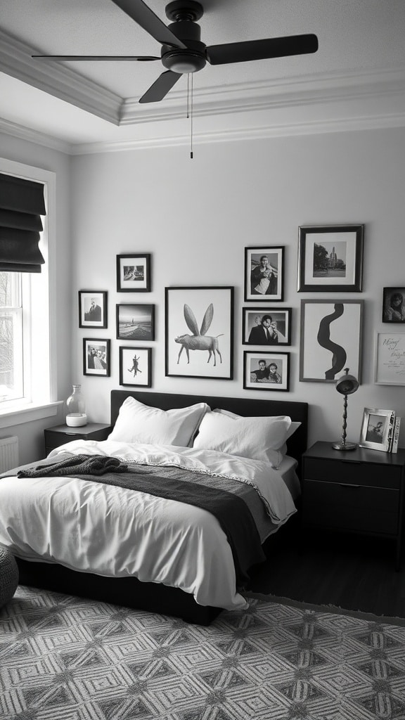 A minimalist black and white bedroom featuring a cozy bed, framed art on the wall, and a stylish ceiling fan.