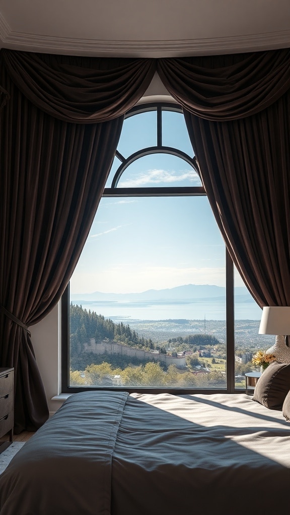 A bedroom with chocolate velvet drapes framing a large window, showcasing a scenic view.