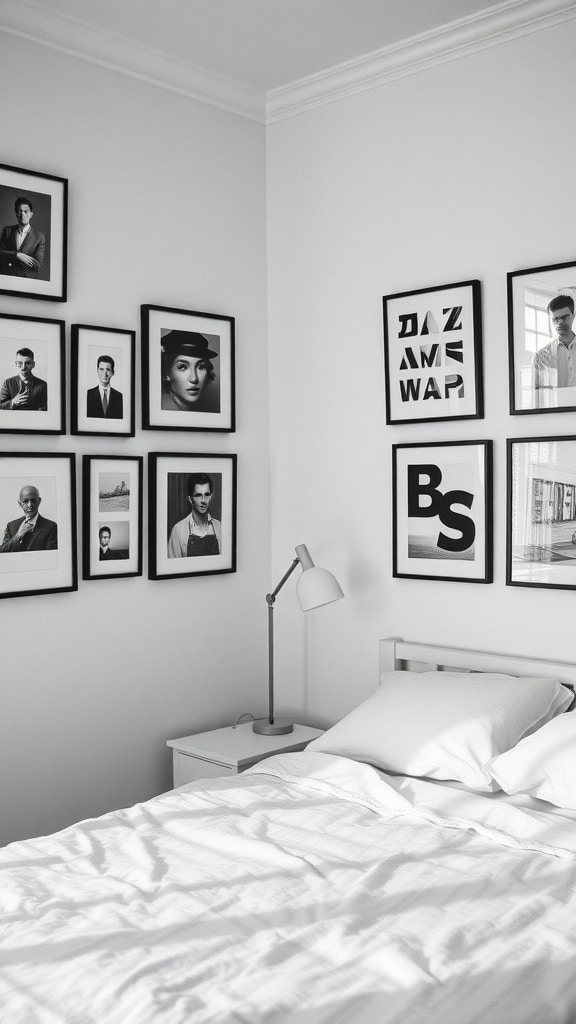 A black and white photography gallery wall in a bedroom with a bed and bedside lamp.