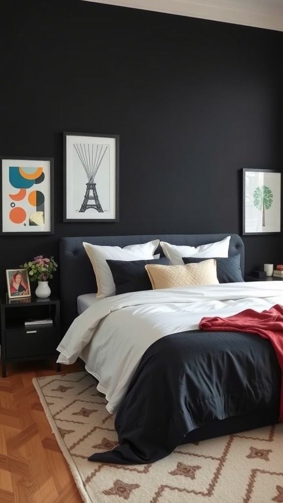 A stylish bedroom featuring a bold black accent wall with framed art, a neatly made bed, and decorative elements.