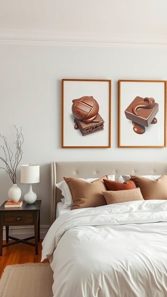 Chocolate-inspired artwork featuring a chocolate ball and a chocolate square in wooden frames.