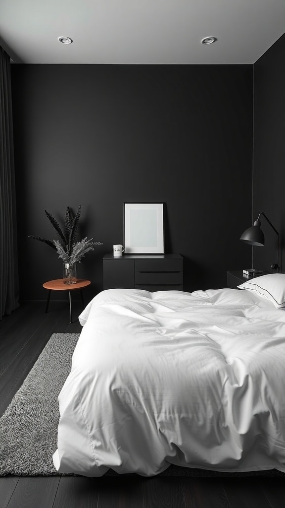 A minimalist black bedroom featuring a black wall, white bedding, and a touch of greenery.