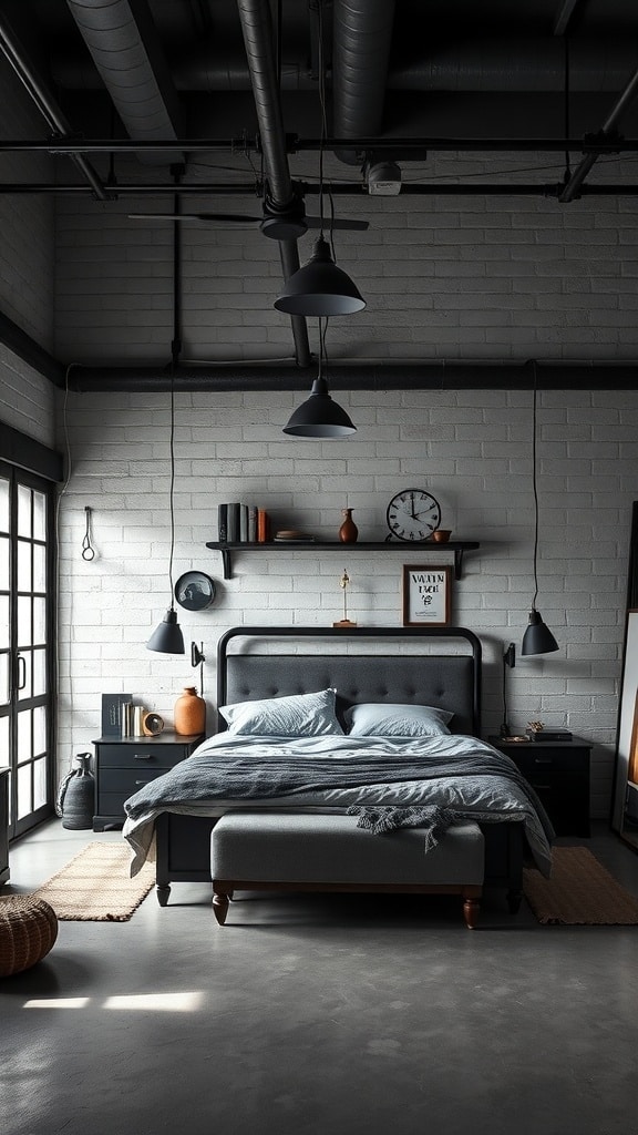 A stylish black bedroom featuring industrial design elements like exposed pipes, concrete flooring, and modern lighting.