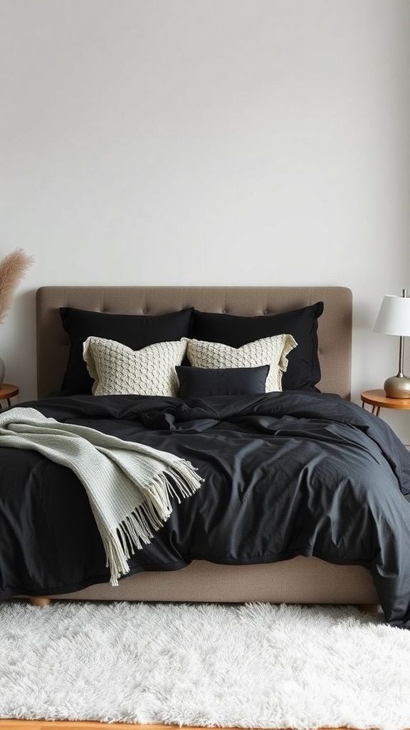 A cozy black bedding setup with layered textures, featuring a black duvet, decorative pillows, and a light throw blanket on a plush white rug.