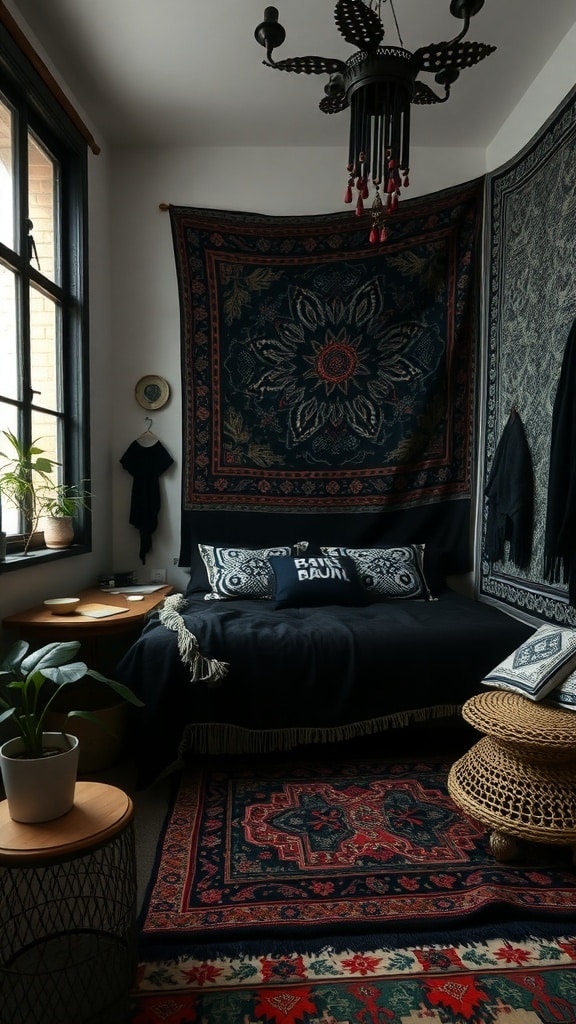 A cozy bohemian black bedroom featuring dark textiles, patterned pillows, and intricate wall tapestries.