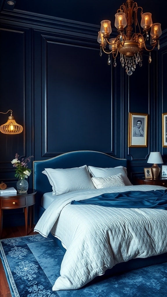 A luxurious navy blue bedroom featuring a chandelier, elegant bedding, and decorative elements.