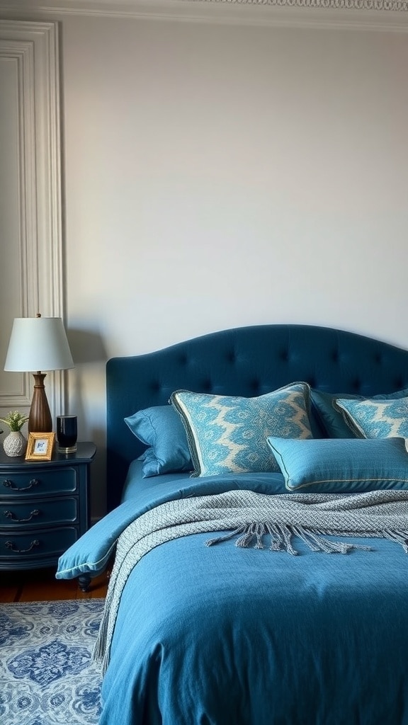 Luxurious blue bedroom featuring a velvet headboard and coordinated bedding.