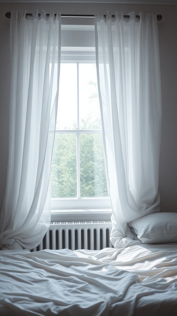 A bedroom with airy white drapes framing a window, soft bedding, and a cozy atmosphere.
