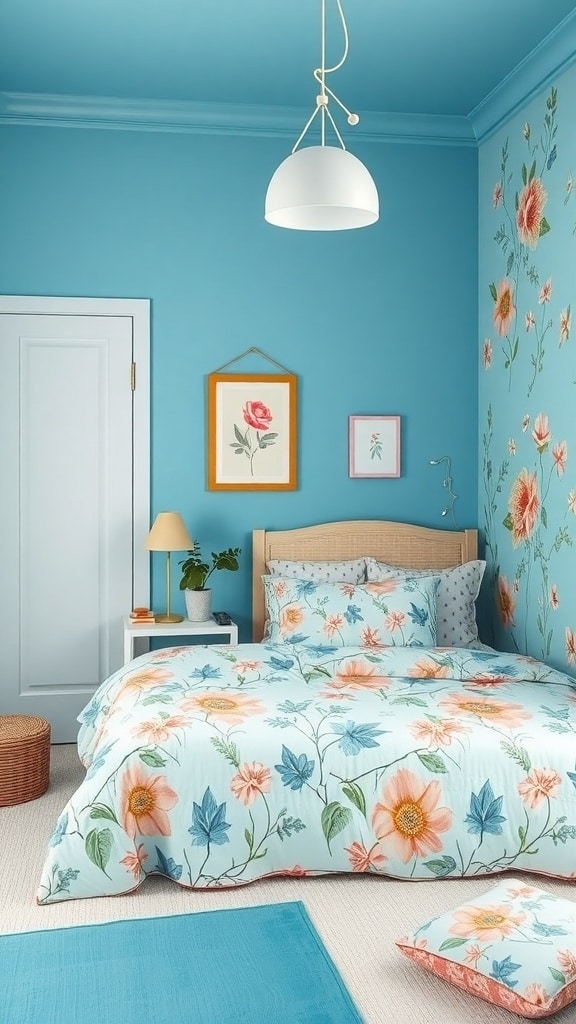 A bright blue bedroom with floral bedding and wall decor, featuring a cozy atmosphere.