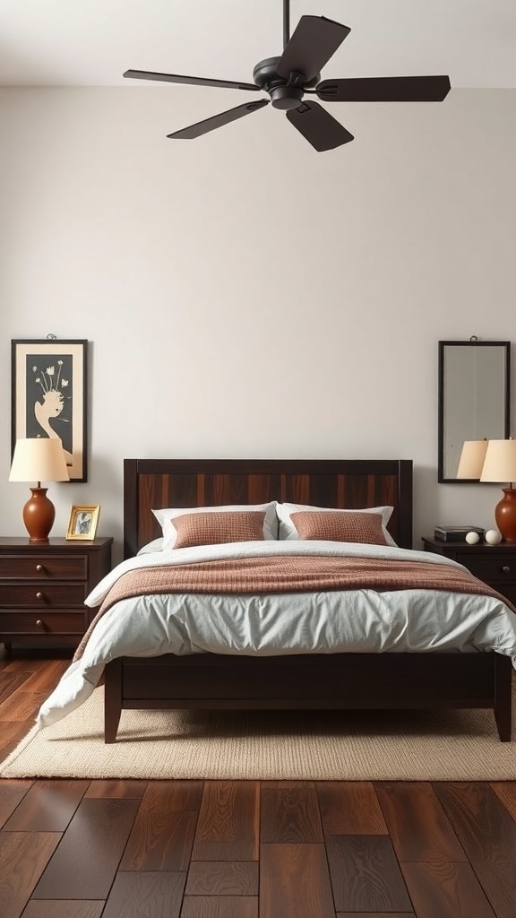 A cozy bedroom featuring dark chocolate wood furniture, including a bed frame and nightstands, with soft bedding and warm lighting.