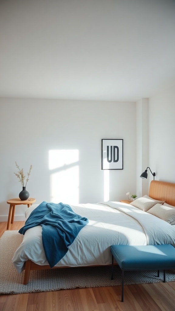 A modern blue-themed bedroom featuring a white bed, blue throw, wooden furniture, and minimalist decor.