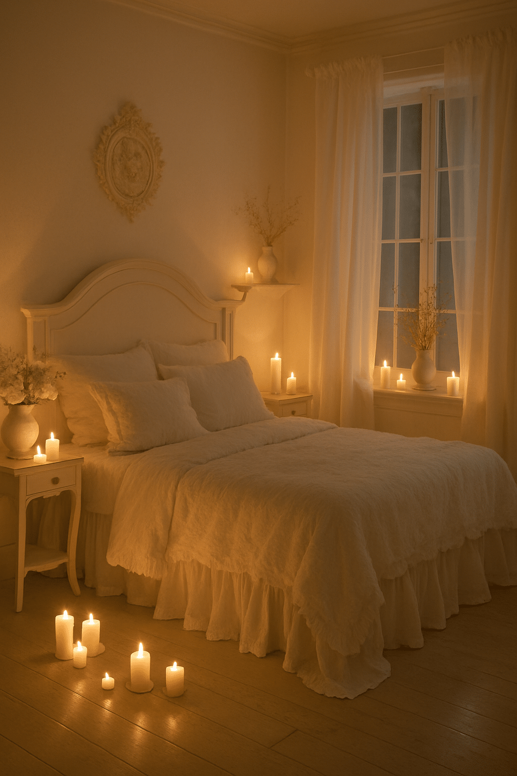 A cozy white bedroom with candles creating a warm, romantic atmosphere.