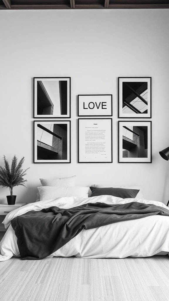 A minimalist bedroom featuring black and white photography on the wall, with a cozy bed and a small plant.
