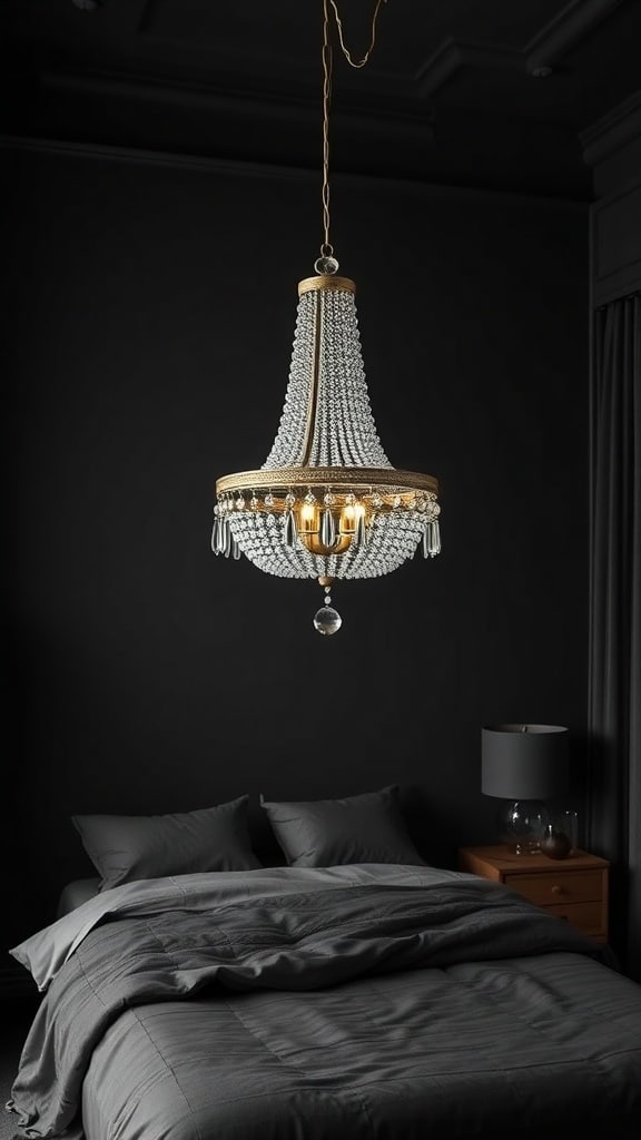 A stylish chandelier hanging above a dark bed in a black bedroom.