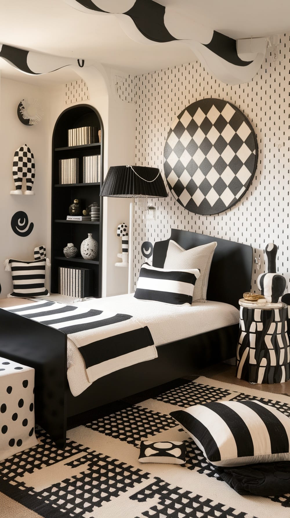 A whimsical black bedroom featuring colorful accessories, framed art, and cozy decor.