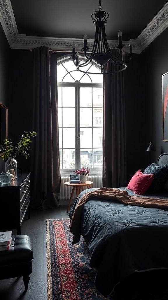 A black bedroom featuring jewel tone accents, a chandelier, and a large window.