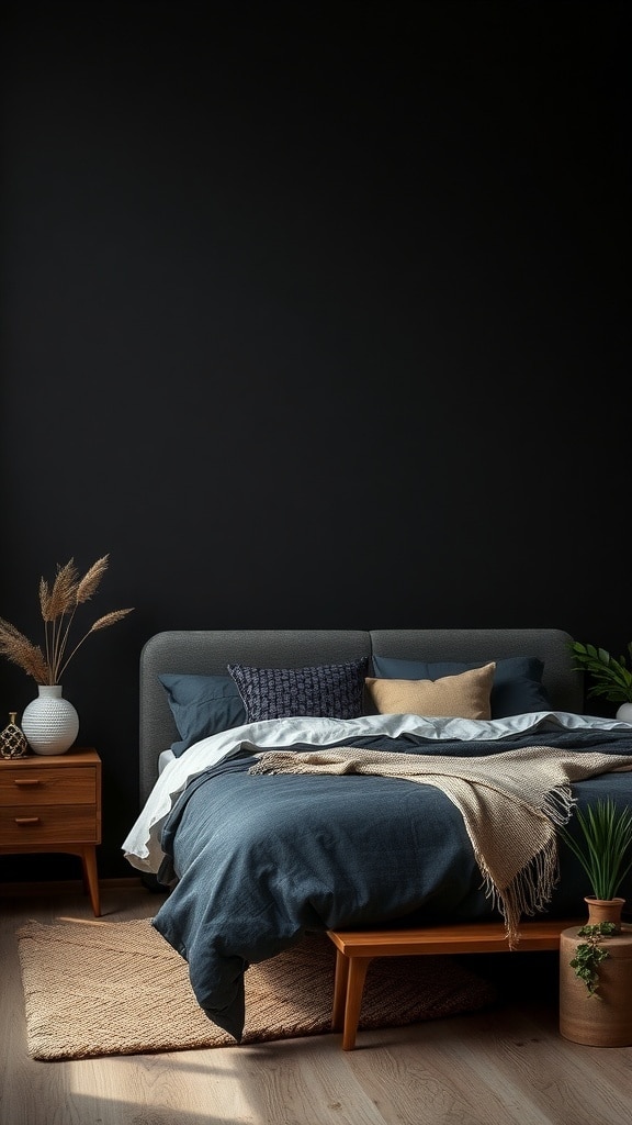 A cozy black bedroom featuring a dark wall, wooden furniture, and natural decor elements.