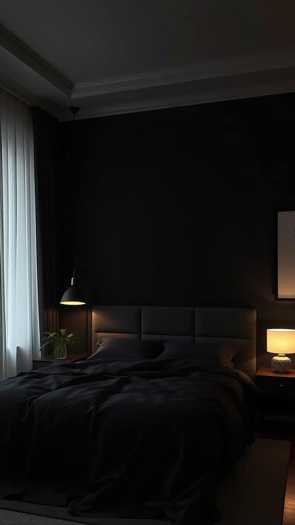 A cozy black bedroom with layered lighting, featuring a bedside lamp and a floor lamp, complemented by sheer curtains letting in natural light.