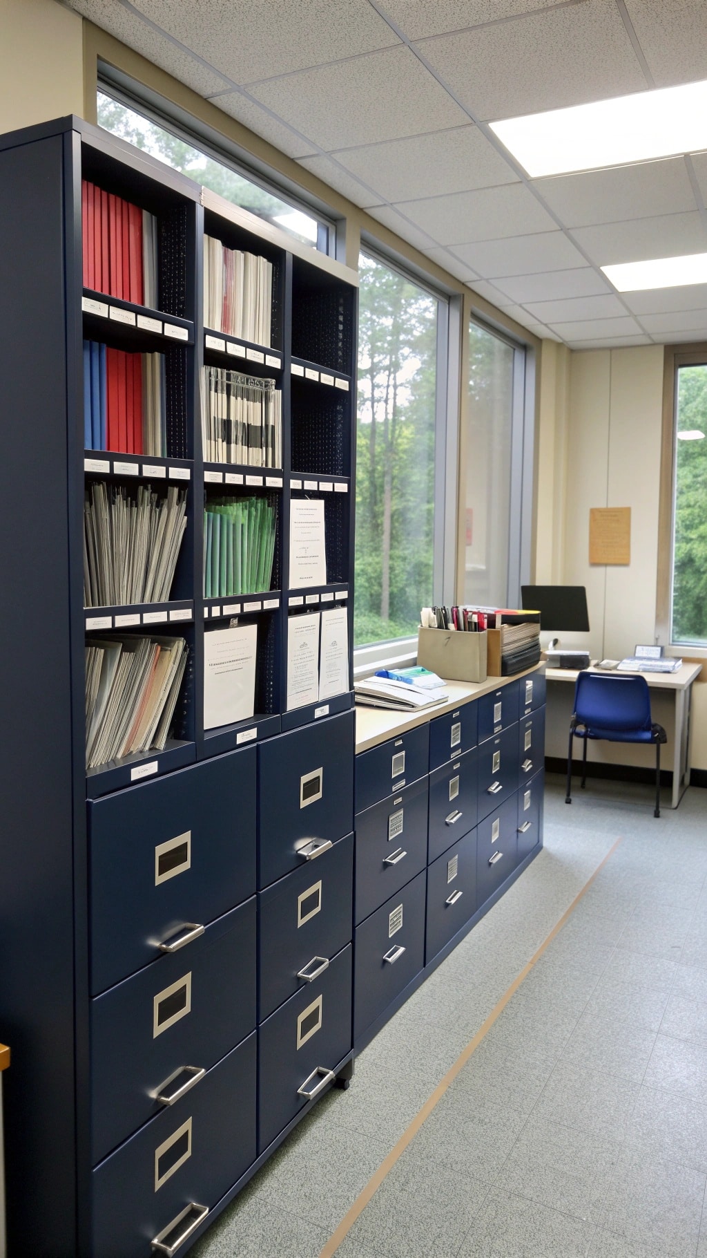 A navy blue office storage solution featuring a tall shelving unit and multiple drawers.