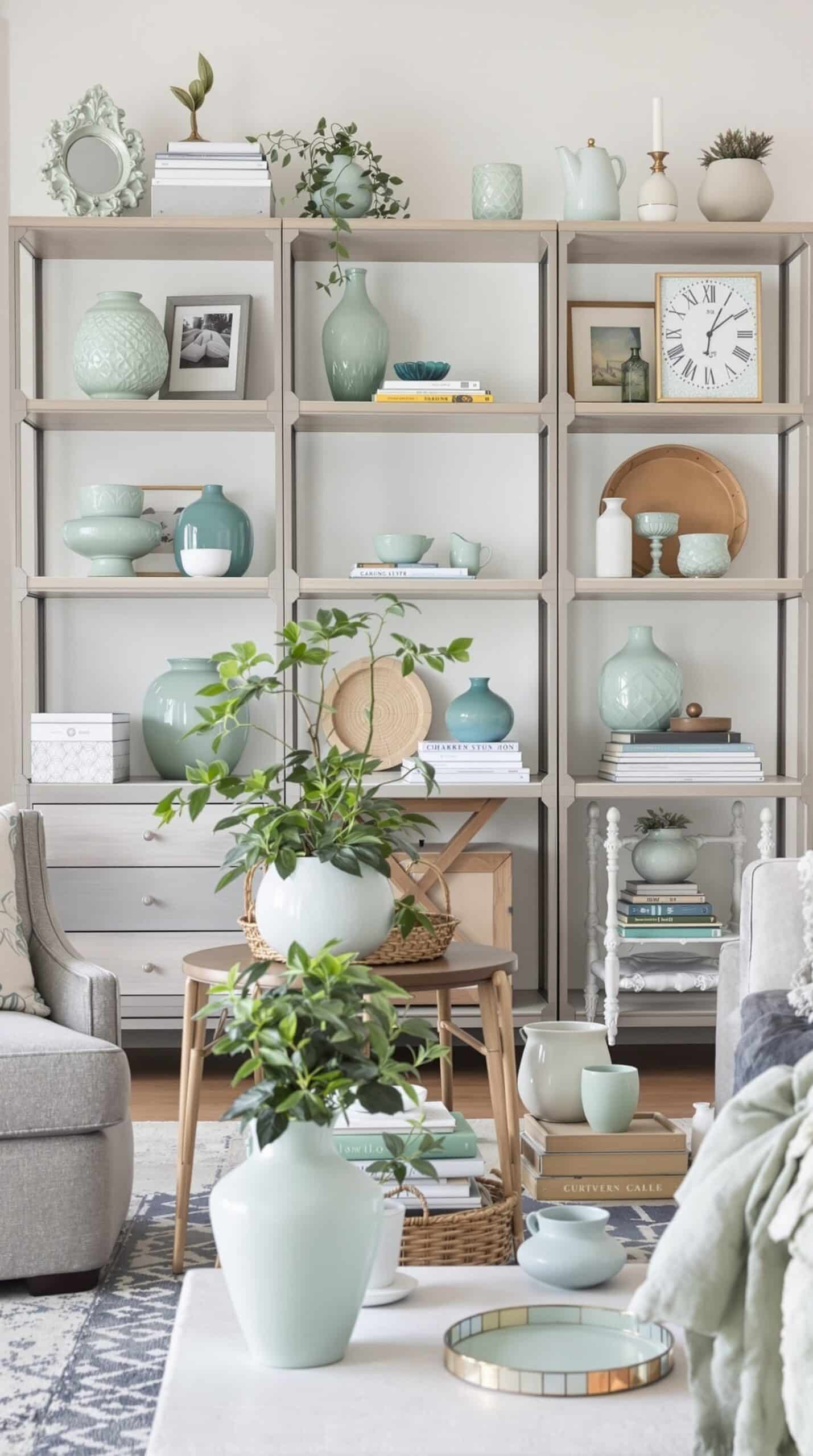 A living room featuring mint green decorative accessories on shelves and a cozy sofa.