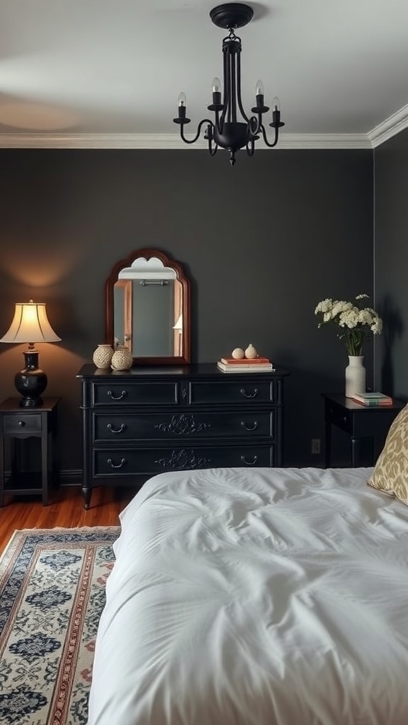 A vintage-inspired black bedroom with dark walls, a chandelier, a vintage dresser, and soft lighting.