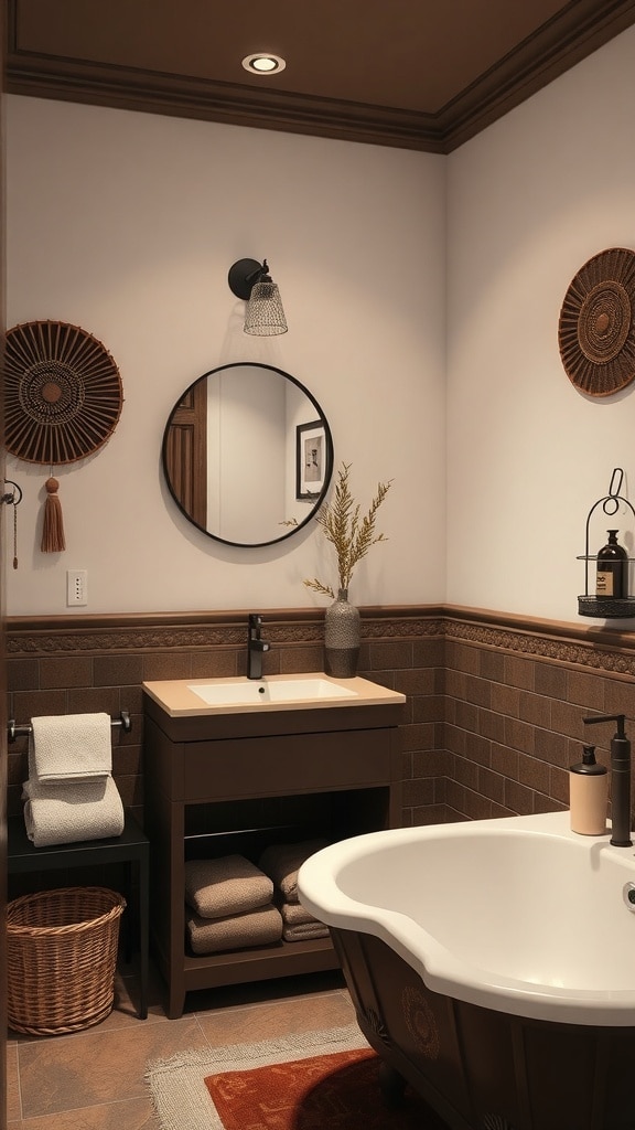 A cozy bathroom featuring chocolate brown accents, including dark cabinetry, earthy tiles, and decorative wall pieces.