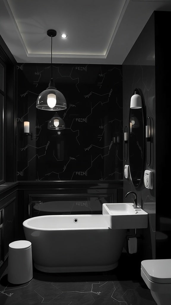A stylish black and white bathroom featuring sophisticated lighting solutions.