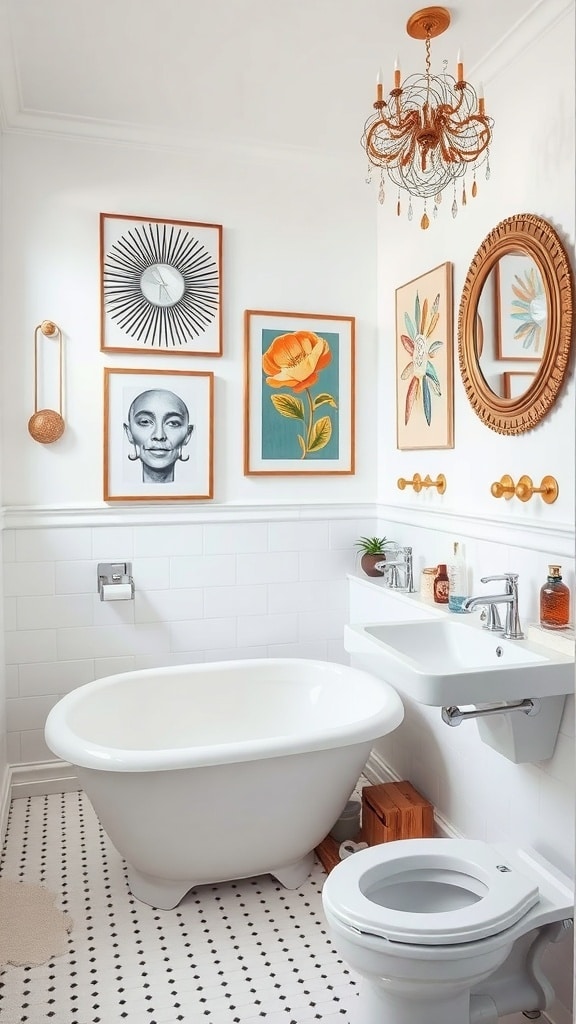 A stylish white bathroom featuring artistic wall art displays, including floral and portrait pieces, with a chandelier and modern fixtures.