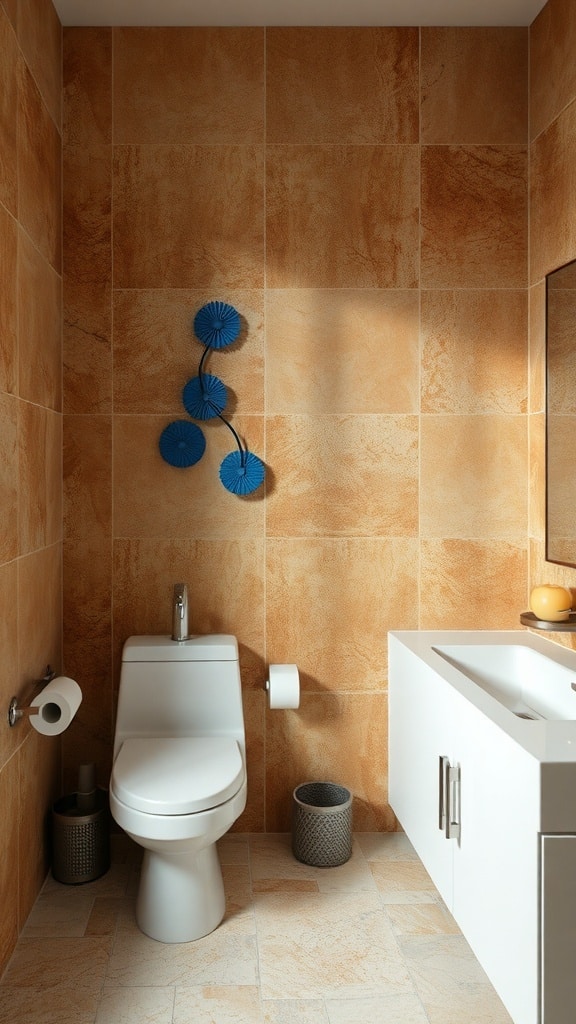 A bathroom with textured brown walls, white fixtures, and blue wall decor.