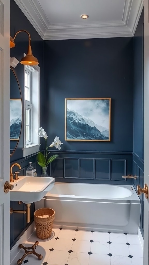 A luxurious navy blue bathroom featuring a mountain landscape artwork, brass fixtures, and a modern bathtub.